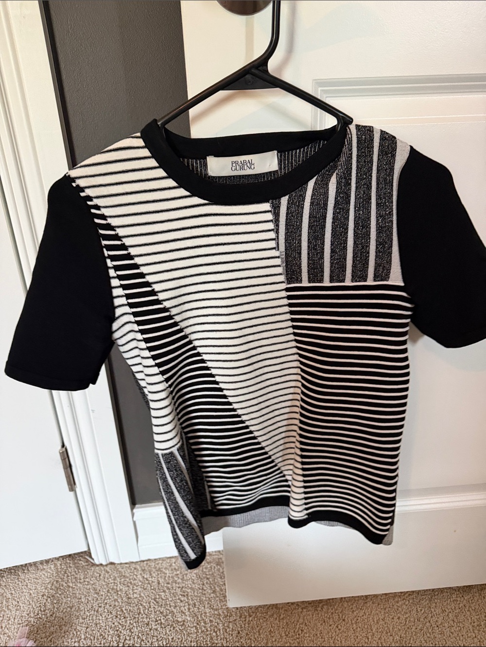 Prabal Gurung Black and White Striped Short Sleeve Knit Top